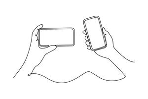 Hand holding the black smartphone phone with blank screen and modern frameless design. Calculator, Smartphone, Laptop concept. Single line draw design. graphic illustration vector