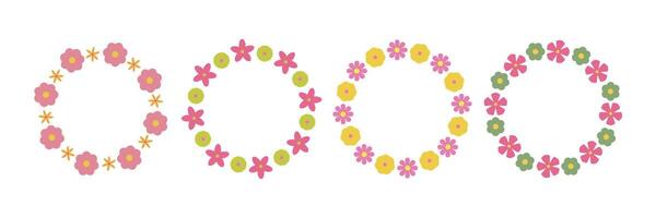 Groovy flower circle frame set. Floral simple circle frame. Hand drawn botanical round border, laurel, wreath with flowers illustration for wedding invitation, card, logo vector