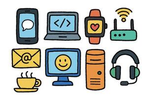 collection of digital devices and communication tools including smartphone laptop smartwatch router email icon desktop computer and headphones conveying modern tech lifestyle vector