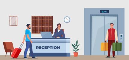 Hotel lobby, reception. Woman receptionist behind the desk, guest with baggage checking in. Bellboy dressed in red uniform with suitcases near the elevator. illustration. vector