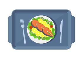 Meal tray with food for lunch, top view. Knife and fork. Salmon steak with with lemon, herbs, tomato, onion. illustration. vector