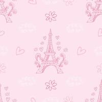 Seamless pattern with Eiffel tower and hearts on pink background vector