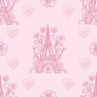 Seamless pattern with Eiffel tower and hearts and flower vector