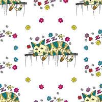 Seamless pattern with cute cat in doodle style. vector