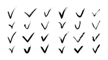 Check or tick hand drawn black icons. Set of ink ok sing for design. Right symbols isolated on white background. vector