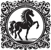 A black horse rearing up inside an ornate circular frame with decorative floral elements around it vector