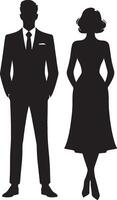 Silhouette of a man in a suit and tie standing next to a woman in a dress with hands in pockets vector