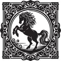 A black silhouette of a horse rearing up inside an ornate decorative border on a white background vector