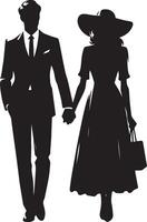 Silhouette of a man in a suit and a woman in a dress holding hands on a white background vector