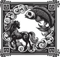 A black and white illustration of a horse and a fish surrounded by clouds in a decorative frame vector