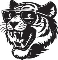 A black and white illustration of a tiger with sunglasses reflecting a beach scene with palm trees vector
