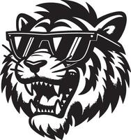 A black and white illustration of a tiger head wearing sunglasses with an open mouth showing teeth vector