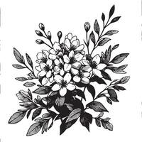 A detailed black and white line drawing of a bouquet of flowers and leaves on a white background vector