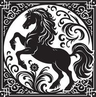 Black horse rearing inside a decorative circle with floral and geometric patterns in a square frame vector