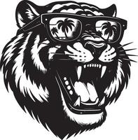 A black and white graphic of a tiger wearing sunglasses reflecting palm trees and a beach scene vector