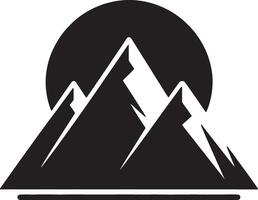 A minimalist illustration of three mountains with a black circle behind them on white background vector