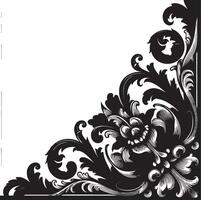 An ornate black and white floral corner design with intricate swirls and a blank white space vector