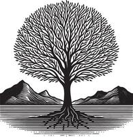 A black and white illustration of a tree with mountains in the background and line art ground vector