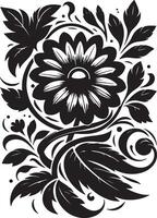 A monochrome floral design featuring a central daisy with swirling leaves and decorative elements around it vector