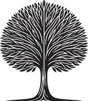 A minimalist black and white illustration of a stylized round tree with leaf like branches design vector