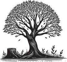 A detailed black and white illustration of a tree with a stump beside it in a minimalist style vector