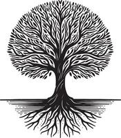 A black and white illustration of a tree with roots and branches on a white background art vector