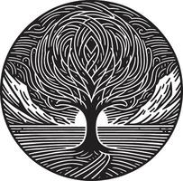 A black and white circular design featuring a stylized tree with intricate line work and patterns vector
