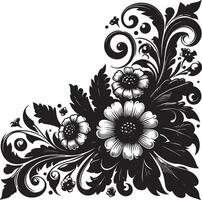 A corner floral design with white flowers and black leaves and swirls on a white background vector