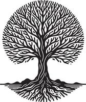 A black and white illustration of a tree with visible roots and branches in a circular shape vector