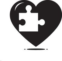 A black heart shape with a white puzzle piece fitting into it on a white background design art vector