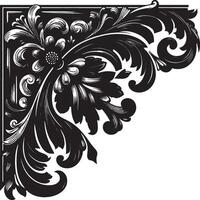 A detailed black and white floral corner design with intricate swirls and leaf patterns isolated vector