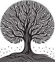 A stylized black and white illustration of a tree with a round crown and visible roots design vector