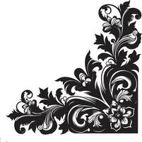 A black and white floral corner design with intricate swirls and detailed leaf patterns on white background vector