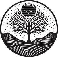 A minimalist illustration of a tree with bare branches under a striped sun in a circular frame vector