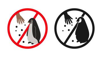 Prohibition sign with a hand offering food to a penguin, do not feed penguins icon, warning sign in color and black and white. vector