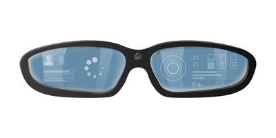 Smart glasses are displaying a futuristic augmented reality interface with user data, loading icons, and various application icons, offering a glimpse into the future of wearable technology vector