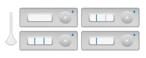 Pregnancy tests displaying positive and negative results, accompanied by a urine collector, isolated on white background, medical and healthcare vector