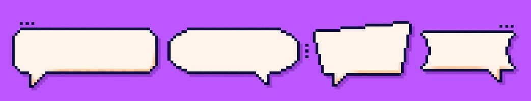 Four pixel speech bubbles drawn in 8 bit style on purple background. vector