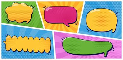 Pack with empty speech bubbles and halftone elements on color groovy backgrounds. color cartoon illustrations in pop art style. vector