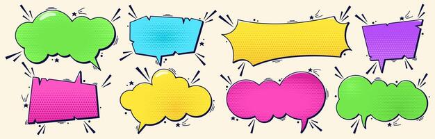 Set of eight colorful speech bubbles with halftone elements and dark tiny details and place for text. vector