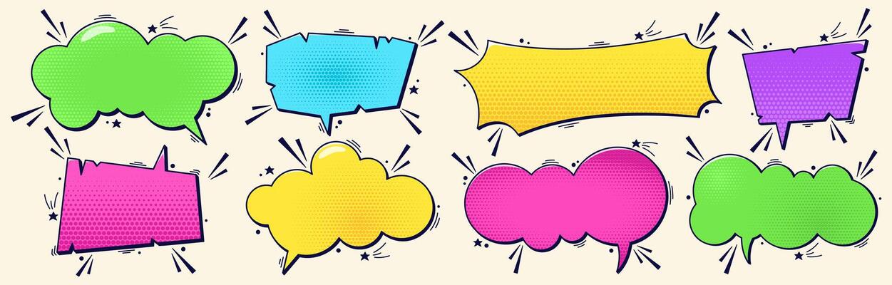 Set of eight colorful speech bubbles with halftone elements and dark tiny details and place for text.