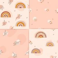 A set of four minimalistic children's patterns.. The repeated images contains colored spots, rainbows, twigs, cute clouds with colored raindrops. Also stars, dots and lines of different shapes. vector