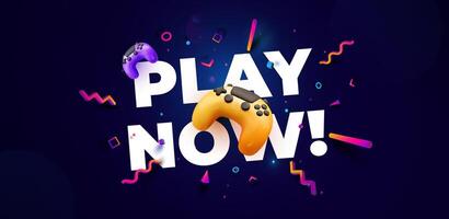 Colorful Game Controllers with Play Now Text on Dark Background. Perfect for Esports, Gaming Events, Promotions, and Streaming Channels. Fun and Energetic Style. Illustration. vector