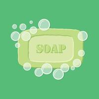 Soap bar with bubbles on green background vector