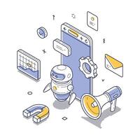Modern isometric illustration showcasing a robotic assistant with digital devices vector