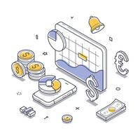 Financial analytics with modern technology and currency elements isometric line illustration vector