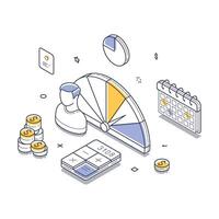 Modern isometric illustration depicting financial analysis with charts and calculations vector