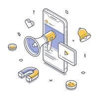 illustration of mobile advertising with a megaphone and attention symbols in isometric style vector
