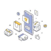 Modern online shopping experience through a smartphone with various shopping elements vector