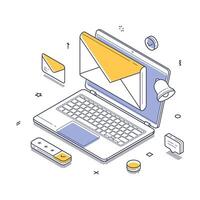 Modern isometric illustration of email notifications on a laptop featuring various digital elements vector
